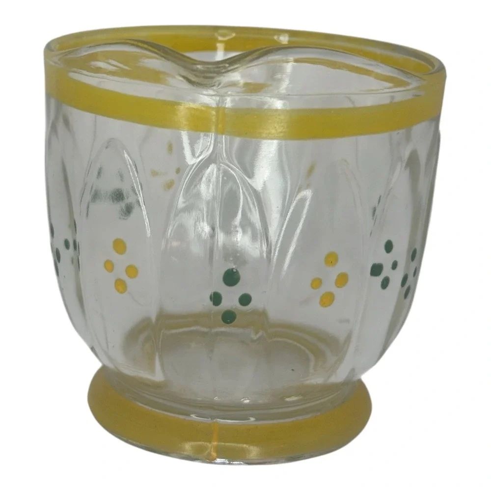 Vintage Hand Painted Glass Creamer Pitcher Yellow Green Dots Paneled Clear Glass